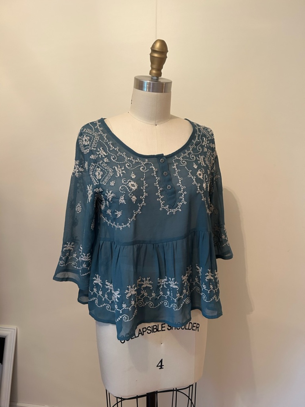Free People Teal Embroidered Peplum Blouse